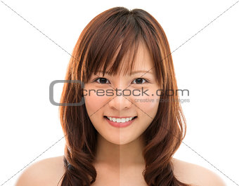 Asian woman face with half tan skin 