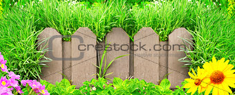 Wooden fence, flowers and green grass