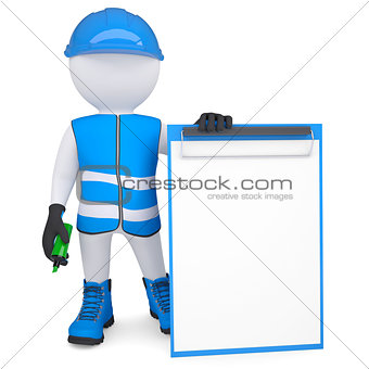 3d man in overalls with a checklist and a marker