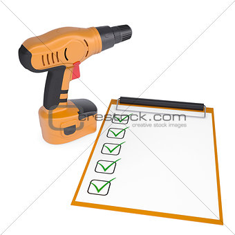 Orange screwdriver and a checklist