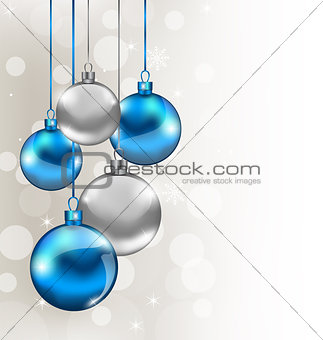 Background with boke and Christmas balls blue and silver