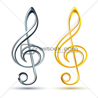 Gold and silver treble clef on white background