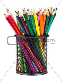 Set of color pencils in a basket 