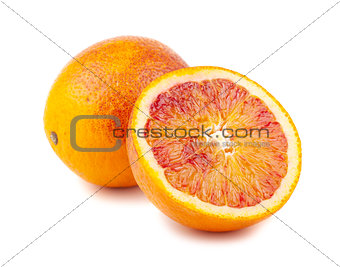 Whole and half red blood oranges