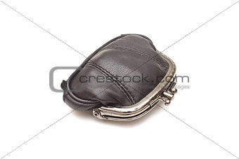 Black leather purse on white background