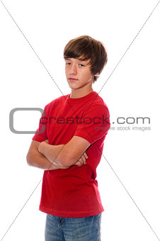 Sad young teen boy isolated on white