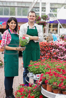 Two garden center workers with one holding flower pot