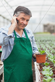 Assistant calling while holding a seedling