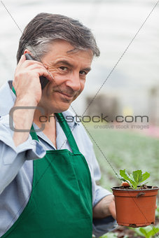 Man calling and holding a seedling