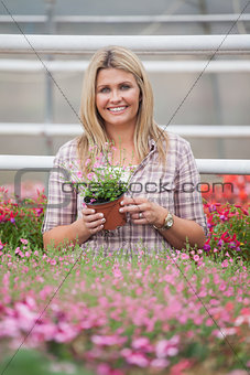 Woman holding a flower while standing in greenhouse