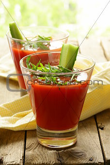 cold tomato gazpacho soup with cucumber and arugula