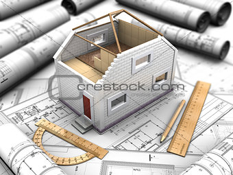 Composition of the mockup of house and blueprints