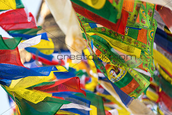 Prayer flags flying in the wind in Kathmandu, Nepal