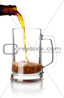 Beer is pouring into a glass from bottle