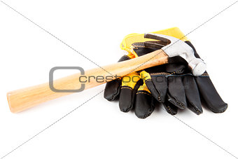 Protective gloves and a hammer