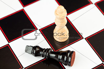 Black chess piece lying with white standing