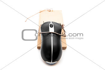 Black computer mouse in a mousetrap