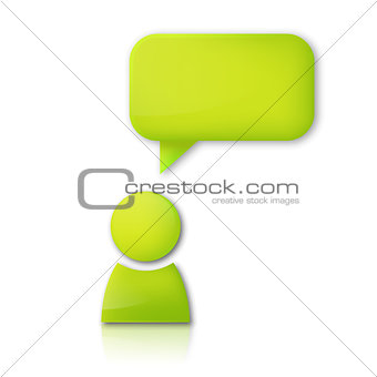 Person with speech bubble. Green vector icon