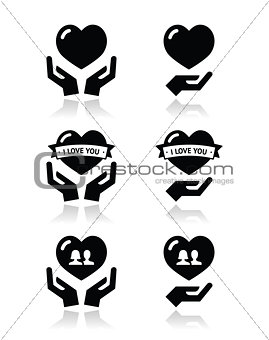 Hands with heart, love, relationship icons set