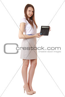 Girl, 16 years old, shows digits on a calculator. Full-length, o