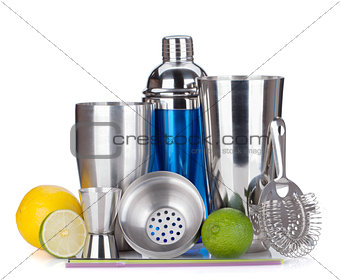 Cocktail shaker, strainer, measuring cup, drinking straws and ci