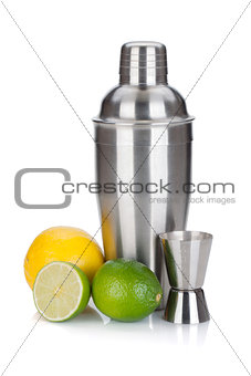 Cocktail shaker with measuring cup and citruses