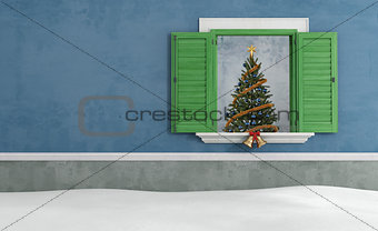 Blue old  house with christmas decoration