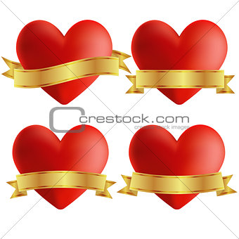 Set of heart icons with badges, vector illustration