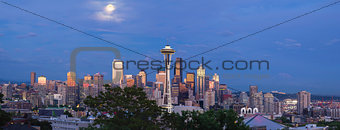 Full Moon Over Seattle Washington Skyline Panorama