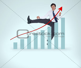 Smiling man in suit jumping over the graph