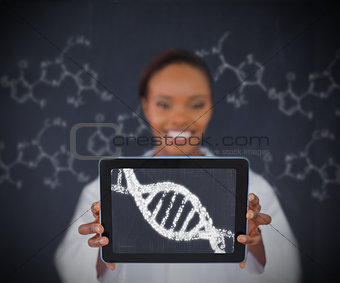 Smiling woman showing DNA Helix
