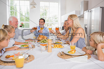 Adults raising their glasses at thanksgiving dinner