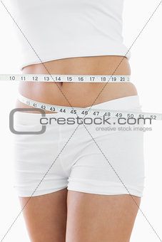 Closeup midsection of woman measuring waist