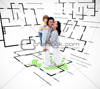 Family against an architectural plan background