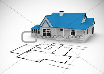 Blue house behind an architectural plan