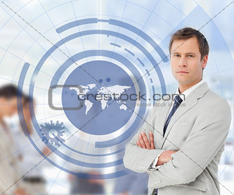 Salesman with a world map illustration