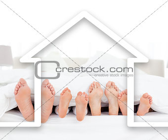 Feet family in the duvet with house illustration