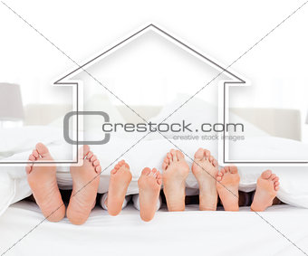 Feet family in the duvet with house illustration