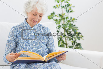 Elderly smiling woman looking at photos