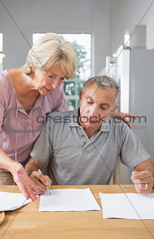 Wife discussing documents with her husband