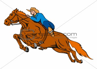 Rodeo cowboy with horse jumping