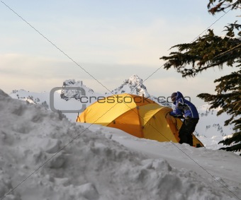 Boy And Tent On Mt. Rainier