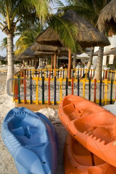 Sea Kayaks at Beach Resort Ready for Fun