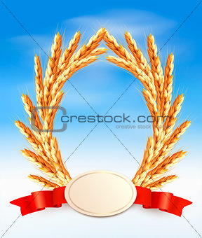 Ripe yellow wheat ears with red ribbons. Vector background