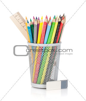 Various colour pencils with ruler and rubber