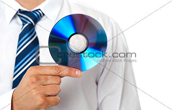 Closeup of a man holding compact disc