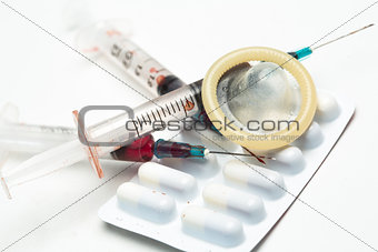 Hypodermic needle condom and medicine