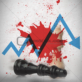 Blood spatter on wall with loss arrow and fallen chess piece