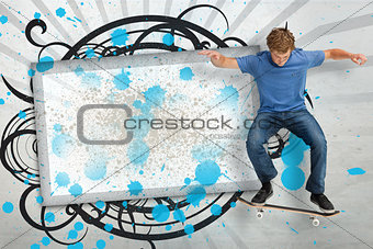 Skateboarder mid ollie in front of copy space screen