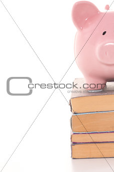Piggy bank standing on stack of books